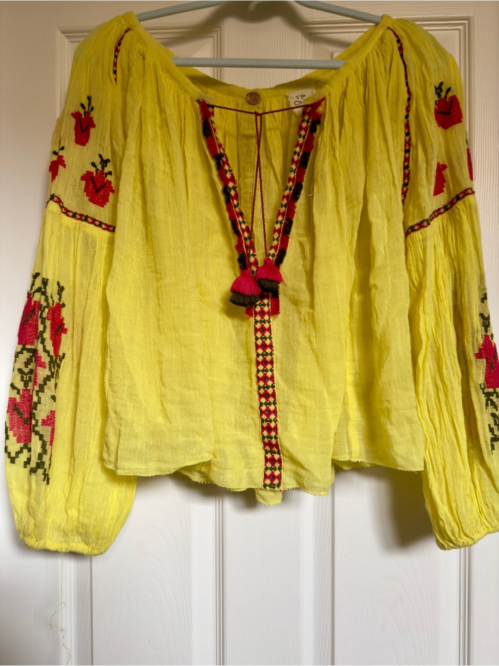 Free People FP One Yellow Embroidered Boho Cropped Peasant Top L NWT